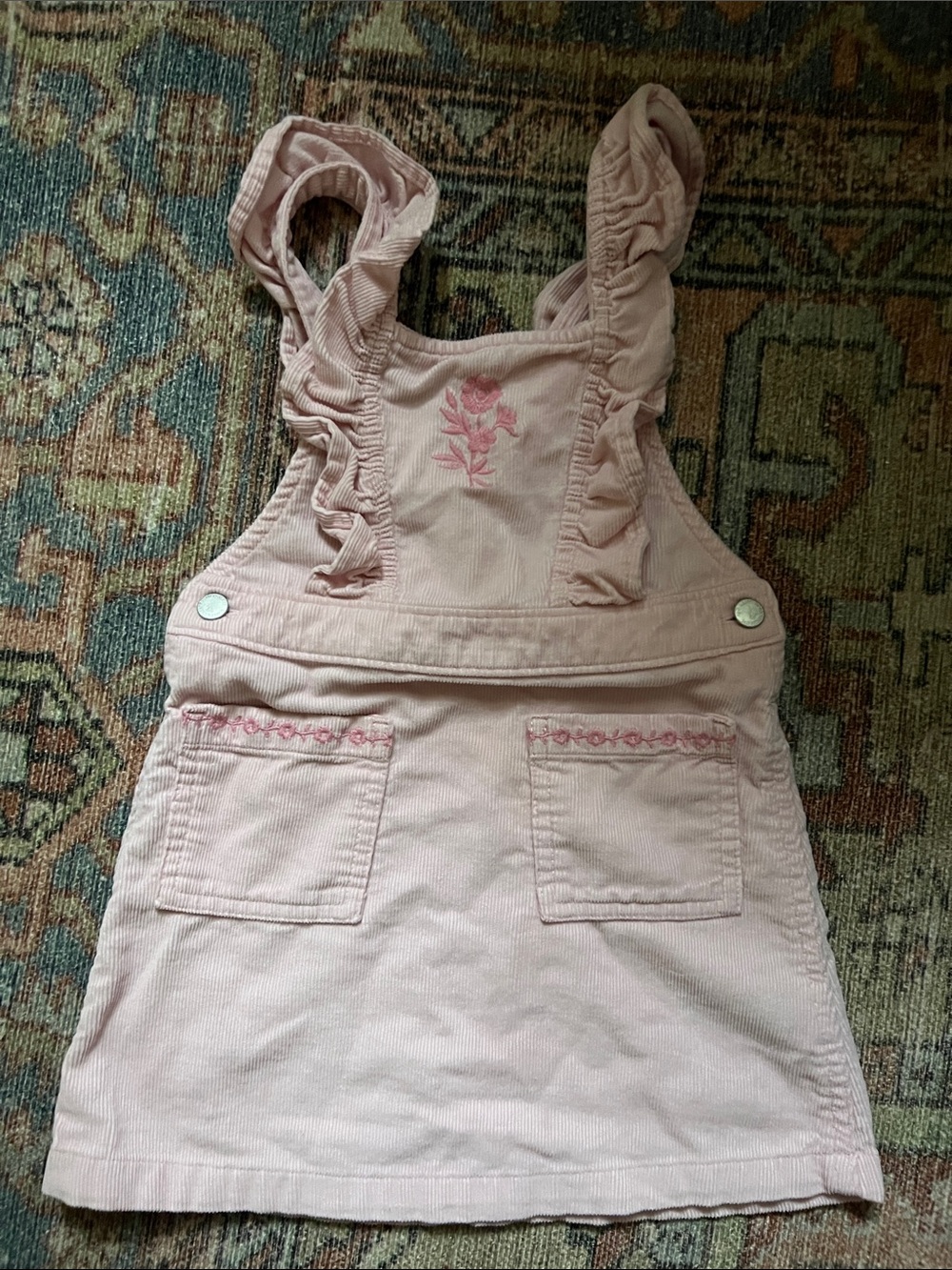 2T Pink Corduroy Overall Dress with Floral Embroidery